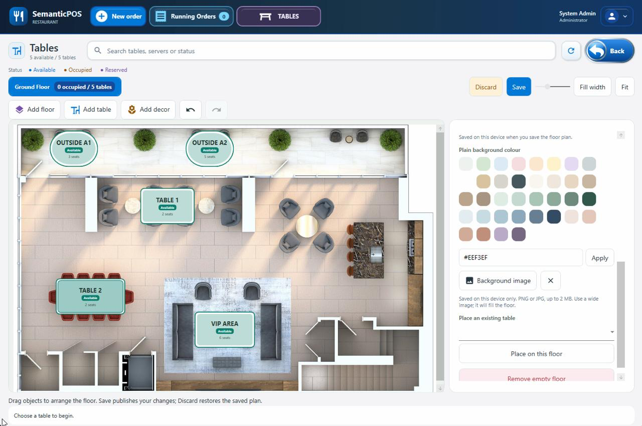 Restaurant floor plan editor showing outdoor seating, tables, a VIP area and layout controls