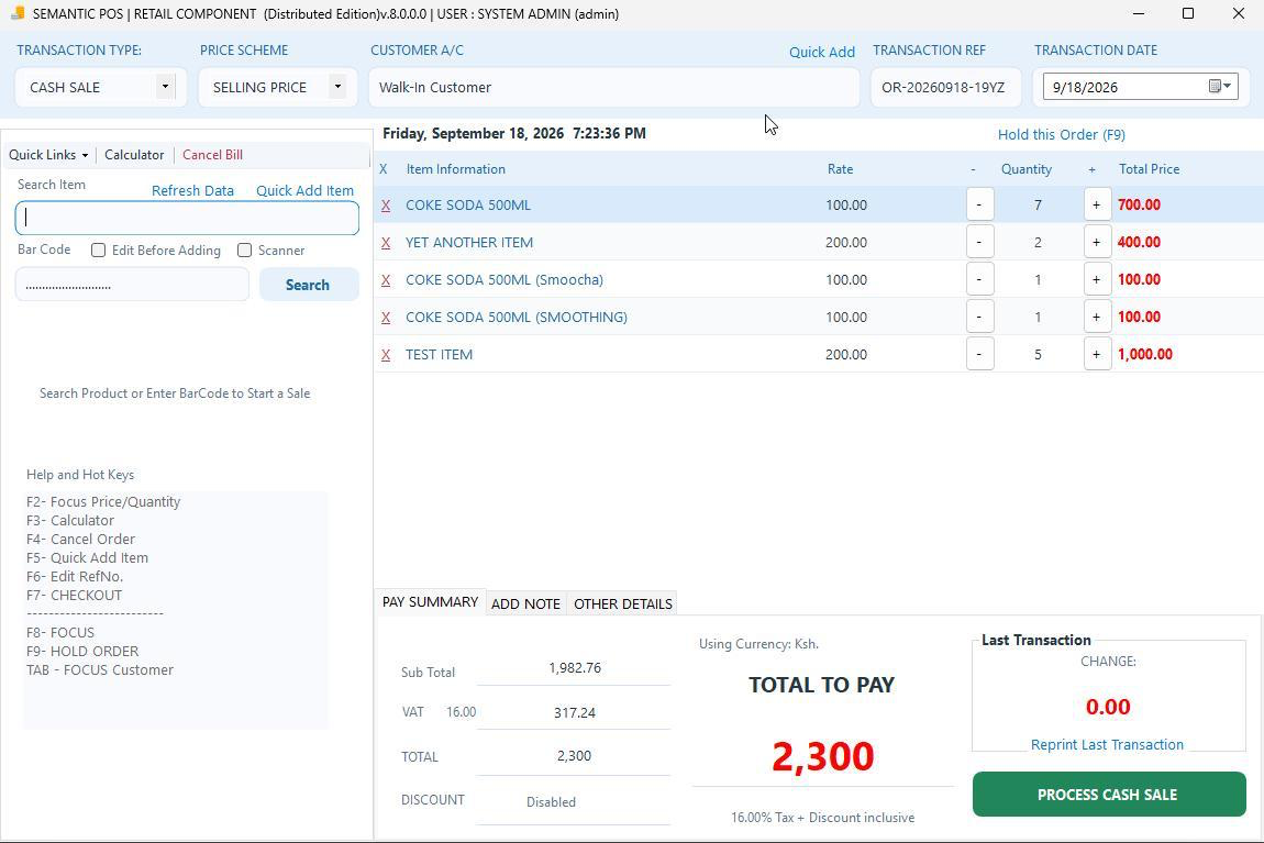 Semantic POS retail checkout with barcode search, customer account, pricing scheme, item quantities and payment total